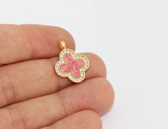 24%20Ayar%20Altın%20Kaplama%20Beyaz%20Zirkon%20Taşlı%20Pembe%20Çiçek%20Charms,%20Çiçek%20Kolye%20Ucu