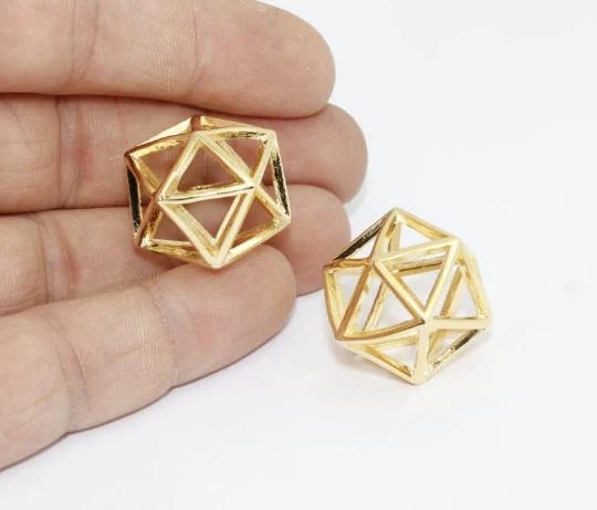 24 K Parlak Altın Açık Küp Kolye Ucu, 3D Küp Charm