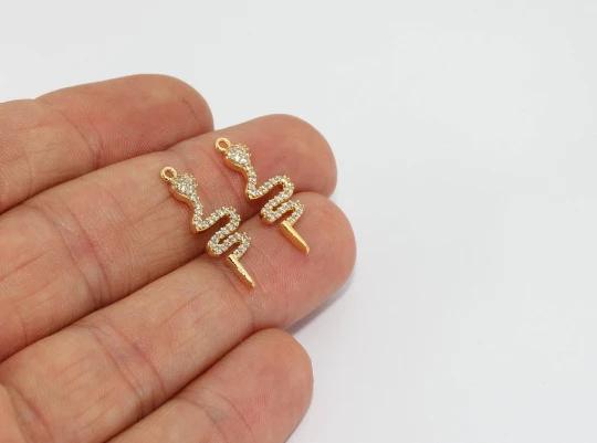 24k Altın Kaplama Beyaz Zirkon Taşlı Yılan Charms,