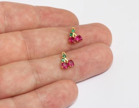 24k Altın Kaplama Yeşil Pembe Zirkon Taşlı  Kiraz Charms,