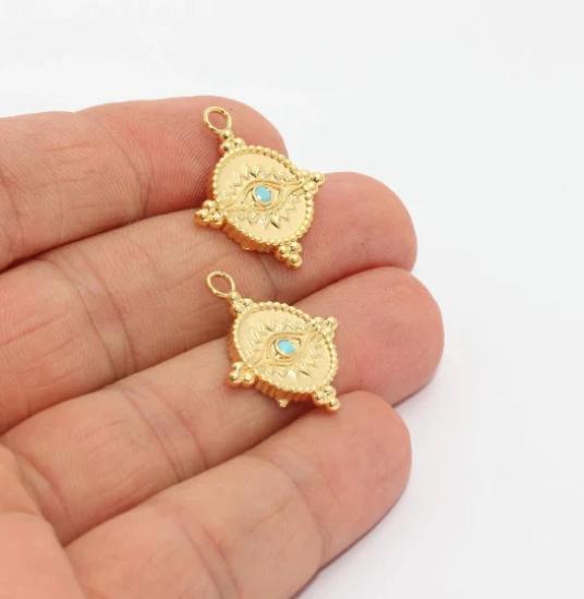 24k Altın Kaplama Mavi Zirkon Taşlı Parlak Göz Charms,