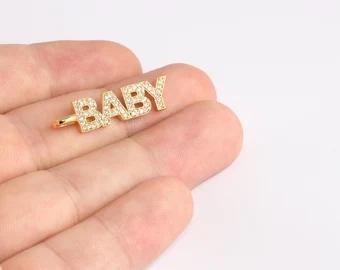 24k Altın Kaplama Beyaz Zirkon Taşlı Baby Yazılı Charms,