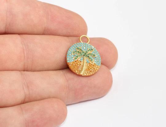 24k Altın Kaplama Renkli Zirkon Taşlı Palmiye Charms,