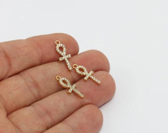 24k Altın Kaplama Beyaz Zirkon Taşlı  Haç Charms,