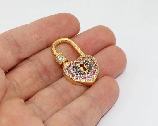 24k Altın Kaplama Renkli Zirkon Taşlı Kalp Kilit charms,