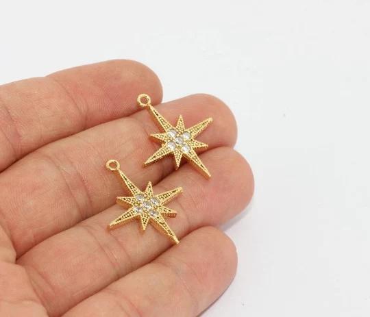 24k Altın Kaplama Beyaz Zirkon Taşlı Kuzey Yıldızı Charms,