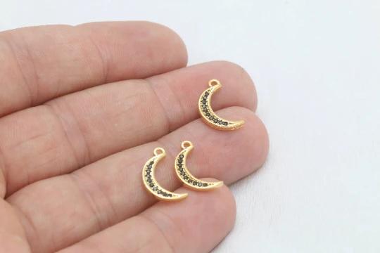 24k Altın Kaplama Siyah Zirkon Taşlı Ay Charms, Ay Kolye Ucu