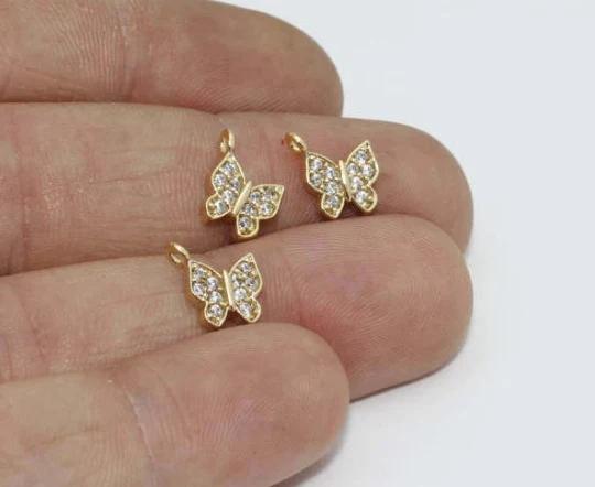 24k Altın Kaplama Beyaz Zirkon Taşlı Kelebek Charms,