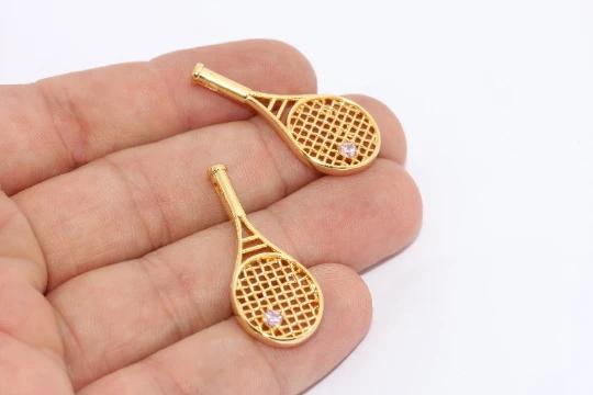 24k Altın Kaplama Açık Pembe Zirkon Taşlı Tenis Raketi Charms,