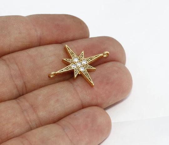 24k Altın Kaplama Beyaz Zirkon Taşlı Kuzey Yıldızı Charms,