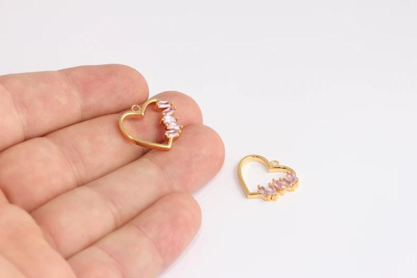 24k Altın Kaplama Açık Pembe Zirkon Taşlı Kalp Charms,