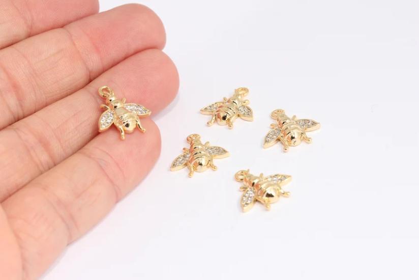 24k Altın Kaplama Beyaz Zirkon Taşlı Arı Charms, Arı Kolye Ucu