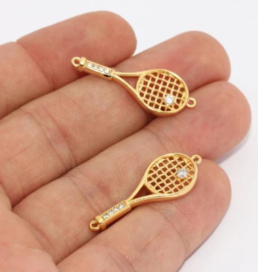 24k Altın Kaplama Beyaz Zirkon Taşlı Tenis Raketi Charms,