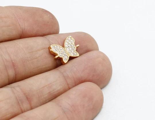 24k Altın Kaplama Beyaz Zirkon Taşlı Kelebek Charms,