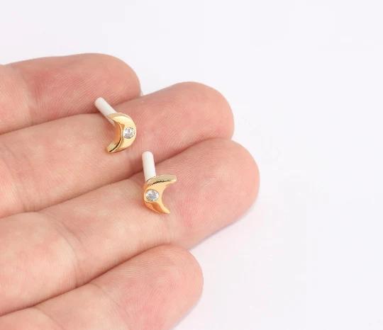 24k Altın Kaplama Beyaz Zirkon Taşlı Parlak Ay Earrings, Ay Küpe