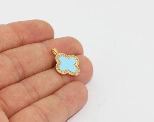 24k Altın Kaplama Beyaz Zirkon Taşlı Mavi Çiçek Charms,