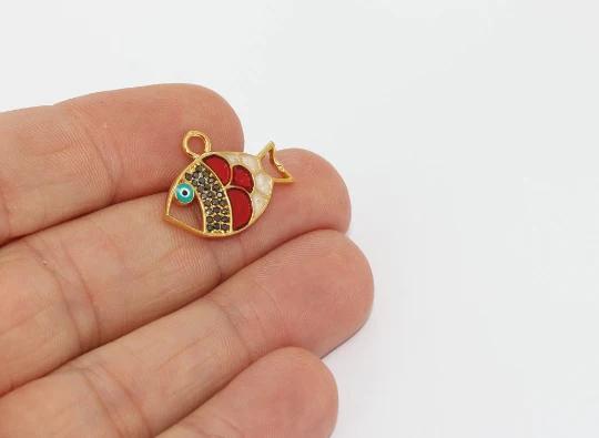 24k Altın Kaplama Siyah Zirkon Taşlı Renkli Balık Charms,