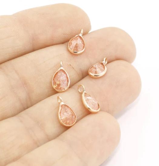 24k Altın Kaplama Zirkon Taşlı Pembe Damla Charms, Damla Kolye Ucu,