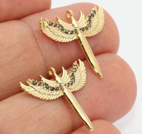 24k Altın Kaplama Siyah Zirkon Taşlı Anka Kuşu Charms,