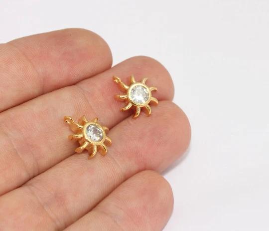 24k Altın Kaplama Beyaz Zirkon Taşlı Güneş Charms,