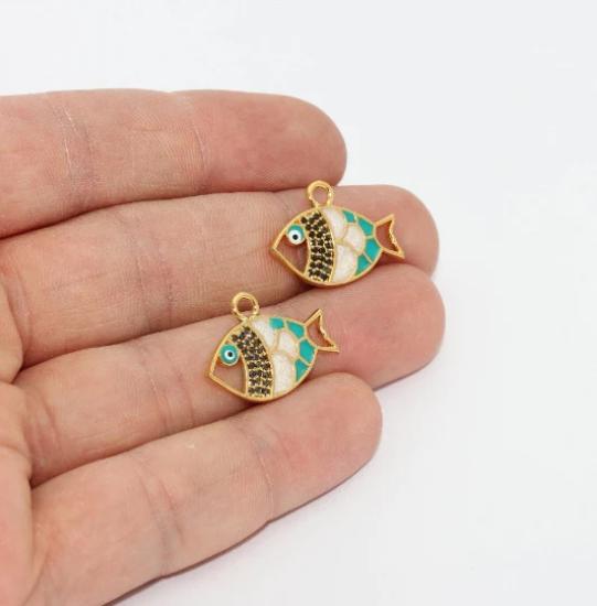 24k Altın Kaplama Siyah Zirkon Taşlı Renkli Balık Charms,