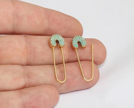 24 Ayar Altın Kaplama Beyaz Mavi Zirkon Taşlı  Parlak Çengelli İğne Earrings,