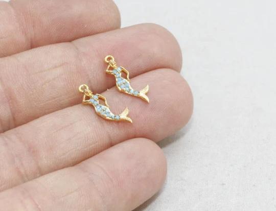 24k Altın Kaplama Mavi Zirkon Taşlı Deniz Kızı Charms,