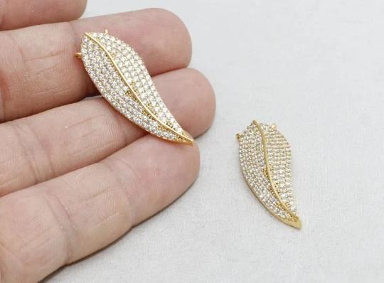 24k Altın Kaplama Beyaz Zirkon Taşlı Yaprak charms,