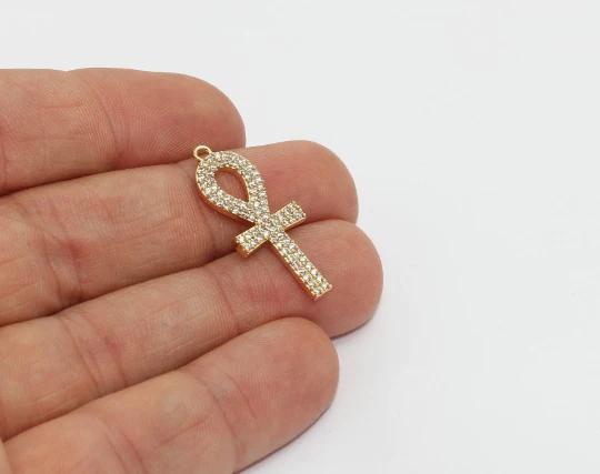 24k Altın Kaplama Beyaz Zirkon Taşlı Ankh, Nil’in Anahtarı Charms,