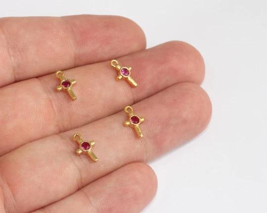 24k Altın Kaplama Pembe Zirkon Taşlı  Haç Charms, Haç Kolye Ucu