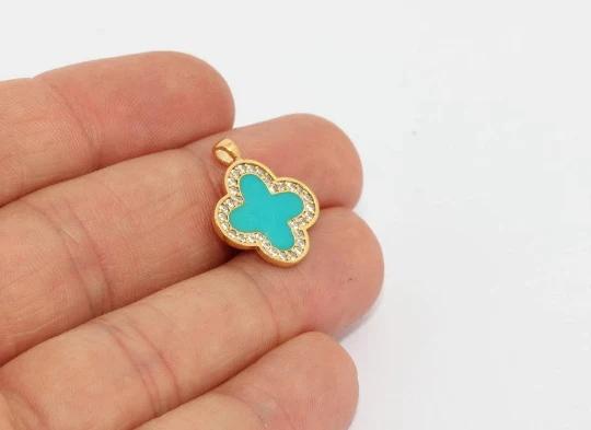 24k Altın Kaplama Beyaz Mavi Zirkon Taşlı Çiçek Charms,