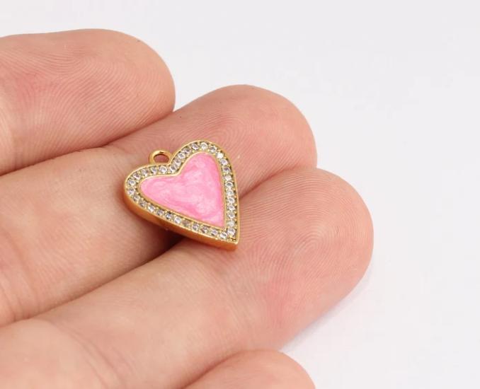 24k Altın Kaplama Beyaz Zirkon Taşlı Pembe Kalp Charms,