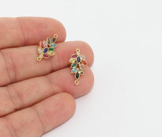 24k Altın Kaplama Renkli Zirkon Taşlı Yaprak charms,