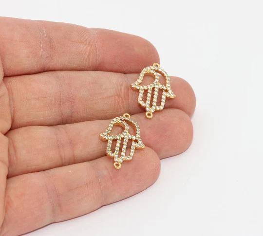 24k Altın Kaplama Beyaz Zirkon Taşlı Fatima Eli Charms,