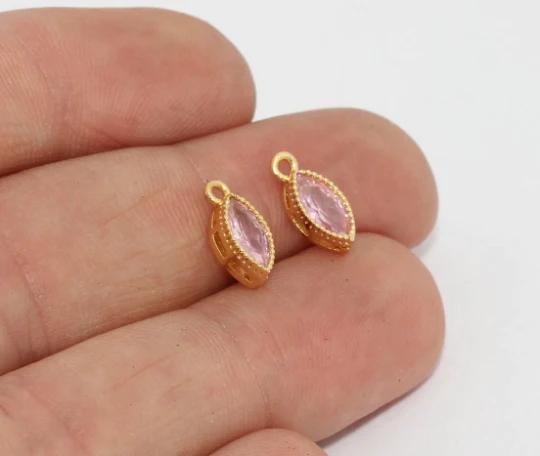 24k Altın Kaplama Zirkon Taşlı Pembe Damla Kolye Ucu, Damla Charms,