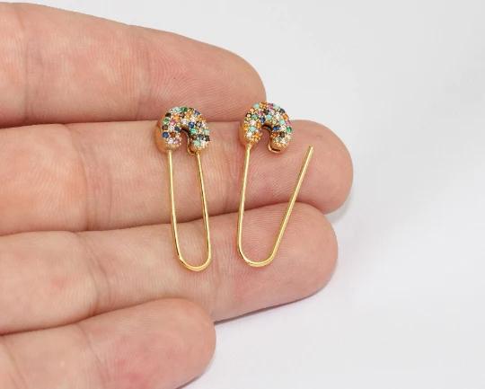 24k Altın Kaplama Renkli Zirkon Taşlı Çengelli İğne Earrings,