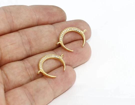 24k Altın Kaplama Beyaz Zirkon Taşlı Hilal Charms,