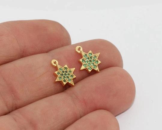 24k Altın Kaplama Yeşil Zirkon Taşlı Kuzey Yıldızı Charms,