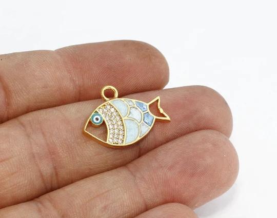 24k Altın Kaplama Beyaz Zirkon Taşlı Renkli Balık Charms,