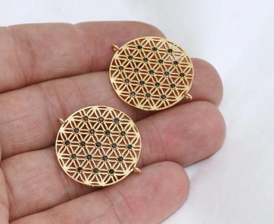 24k Altın Kaplama Siyah Zirkon Taşlı Çiçek Desenli Yuvarlak Charms,