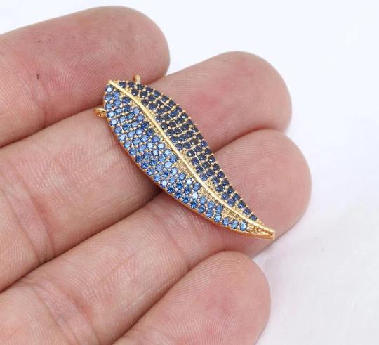 24k Altın Kaplama Lacivert Zirkon Taşlı Yaprak charms,