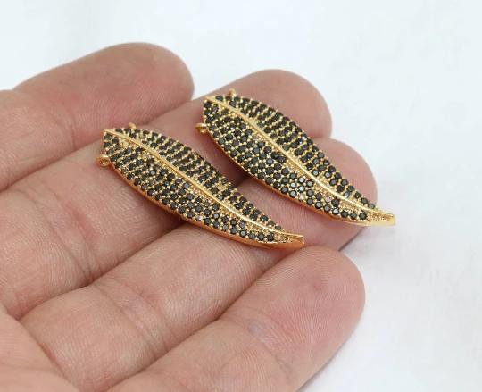 24k Altın Kaplama Siyah Zirkon Taşlı Yaprak charms,