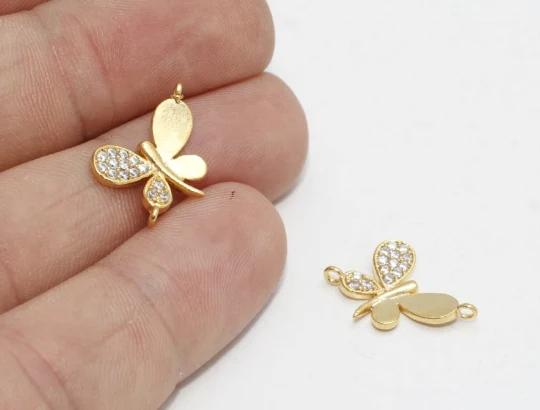 24k Altın Kaplama Beyaz Zirkon Taşlı Kelebek Charms,