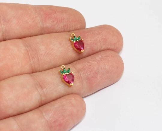 24k  Altın Kaplama Pembe Yeşil Zirkon Taşlı Çilek Charms,