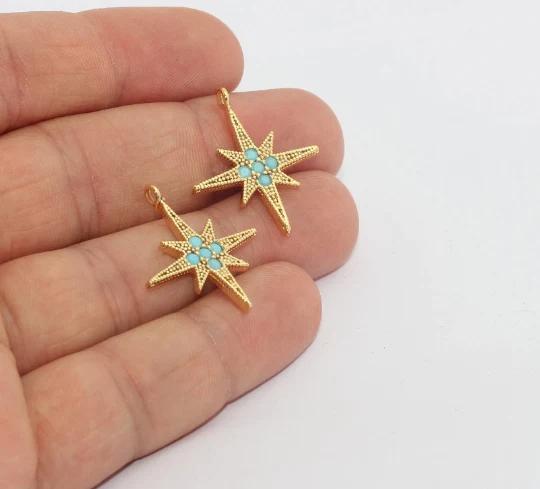 24k Altın Kaplama Turkuaz Zirkon Taşlı Kuzey Yıldızı Charms,