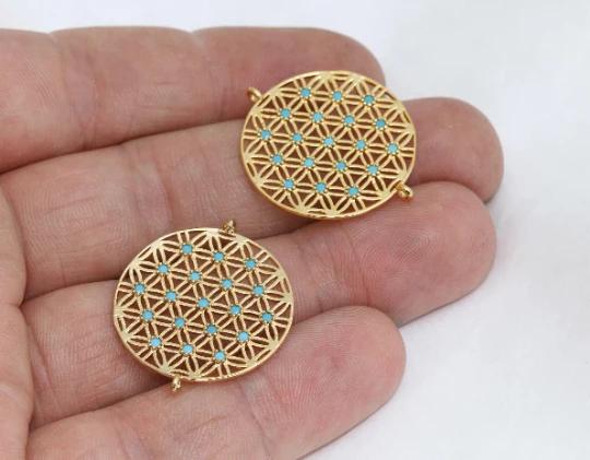 24k Altın Kaplama Turkuaz Zirkon Taşlı Çiçek Desenli Yuvarlak Charms,