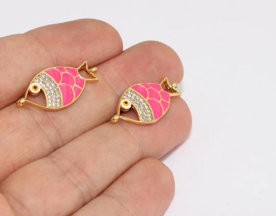 24k Altın Kaplama Beyaz Zirkon Taşlı Renkli Balık Charms,