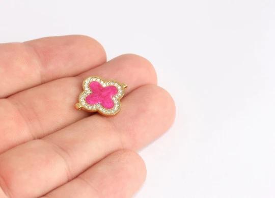 24k Altın Kaplama Beyaz Zirkon Taşlı Pembe Mineli Çiçek Charms,