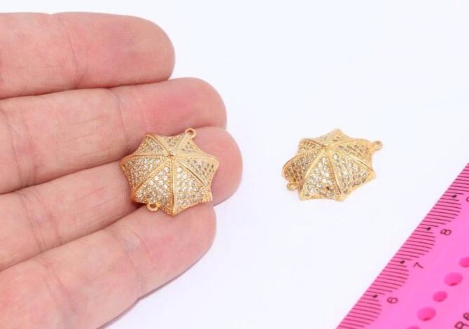 24k Altın Kaplama Beyaz Zirkon Taşlı Şemsiye Charms,