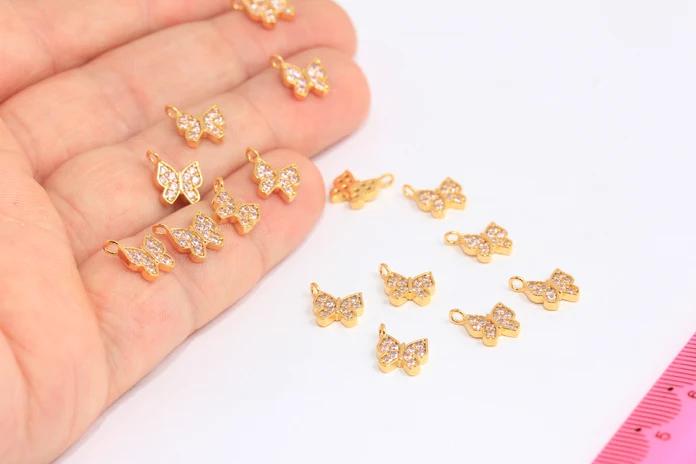 24k Altın Kaplama Açık Pembe Zirkon Taşlı Kelebek Charms,